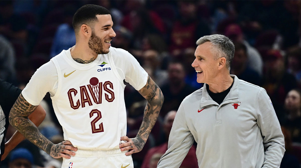 Cleveland Cavaliers guard Lonzo Ball (2) talks to Chicago Bulls Head Coach Billy Donovan during the first half at Rocket Arena.