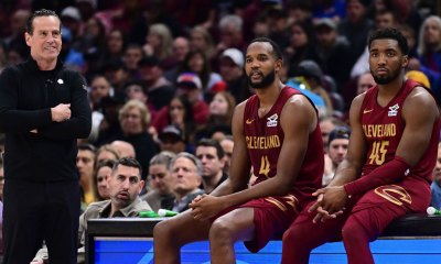 Cavaliers forward Evan Mobley (4) and guard Donovan Mitchell (45) wait along side head coach Kenny Atkinson to enter the game during the first half against the New York Knicks at Rocket Arena