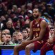 Cavaliers forward Evan Mobley (4) and guard Donovan Mitchell (45) wait along side head coach Kenny Atkinson to enter the game during the first half against the New York Knicks at Rocket Arena