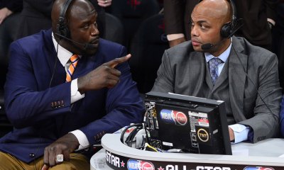 broadcaster Shaquille O'Neal (left) and Charles Barkley talk during the 2013 NBA All-Star slam dunk contest at the Toyota Center