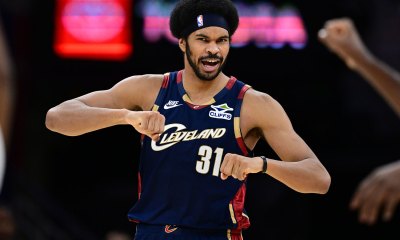 Cleveland Cavaliers center Jarrett Allen (31) reacts after the Houston Rockets were called for a three second violation during the second half at Rocket Arena.