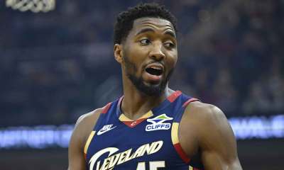 Cavaliers guard Donovan Mitchell (45) stands on the court in the first quarter against the Philadelphia 76ers at Rocket Arena