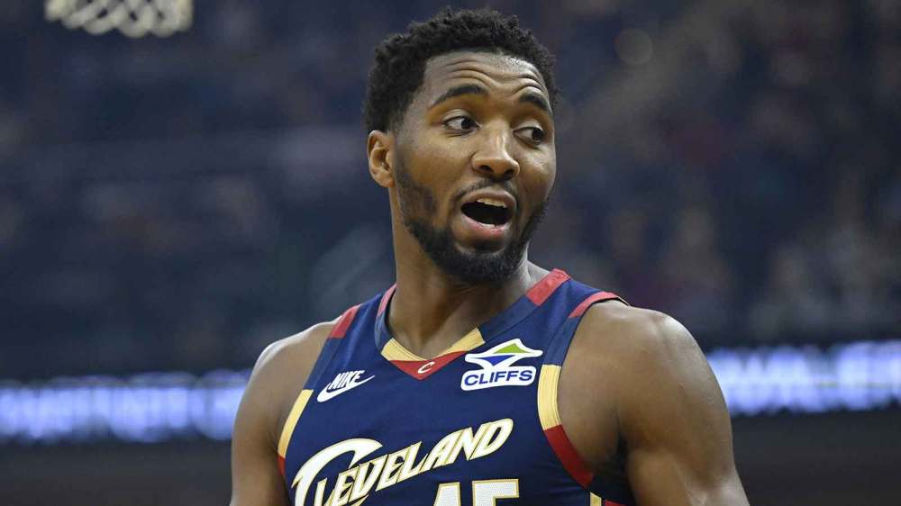 Cavaliers guard Donovan Mitchell (45) stands on the court in the first quarter against the Philadelphia 76ers at Rocket Arena