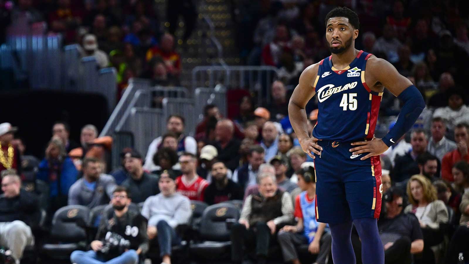 Cavaliers guard Donovan Mitchell (45) stands on the floor during the second half against the Houston Rockets at Rocket Arena