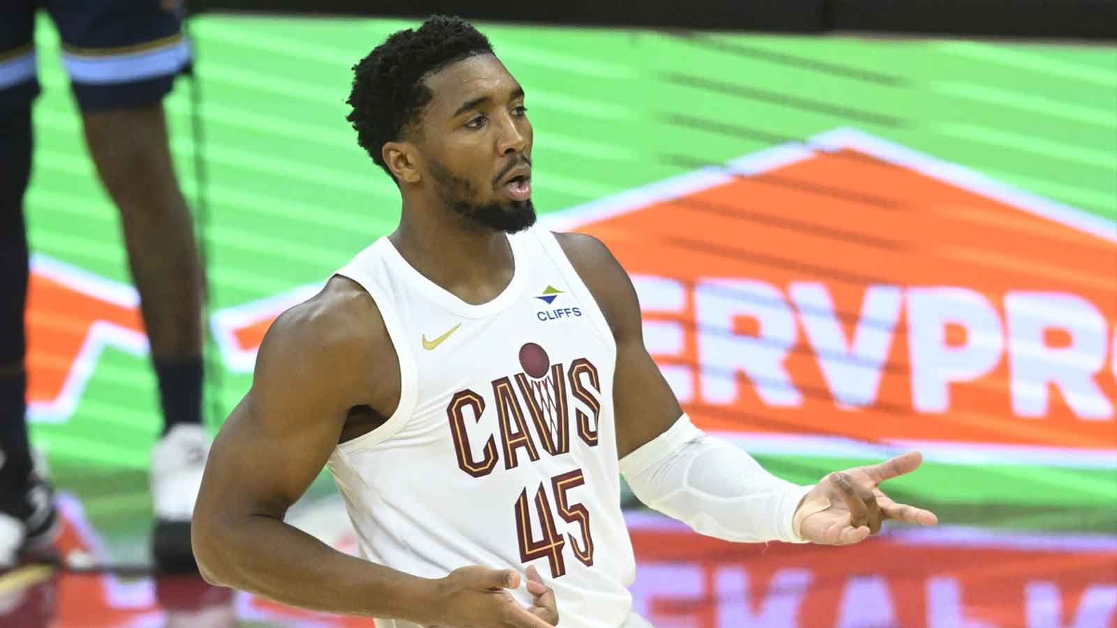 Cavaliers guard Donovan Mitchell (45) celebrates his three-point basket in the fourth quarter against the Memphis Grizzlies at Rocket Arena