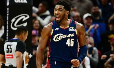 Cleveland Cavaliers guard Donovan Mitchell (45) celebrates during the second half against the Chicago Bulls at Rocket Arena.