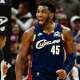 Cleveland Cavaliers guard Donovan Mitchell (45) celebrates during the second half against the Chicago Bulls at Rocket Arena.