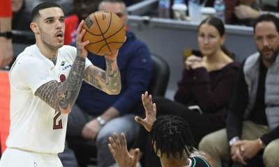 Cleveland Cavaliers guard Lonzo Ball (2) shoots a three-point basket in the fourth quarter against the Portland Trail Blazers at Rocket Arena.