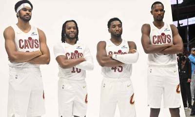 Cavs' Jarrett Allen, Darius Garland, Donovan Mitchell, Evan Mobley (4) pose
