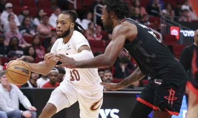 Cleveland Cavaliers guard Darius Garland (10) dribbles the ball as Houston Rockets forward Tari Eason (17) defends during the first quarter at Toyota Center.