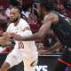 Cleveland Cavaliers guard Darius Garland (10) dribbles the ball as Houston Rockets forward Tari Eason (17) defends during the first quarter at Toyota Center.