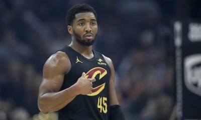 Cleveland Cavaliers guard Donovan Mitchell (45) stands on the court in the first quarter against the Charlotte Hornets at Rocket Arena.