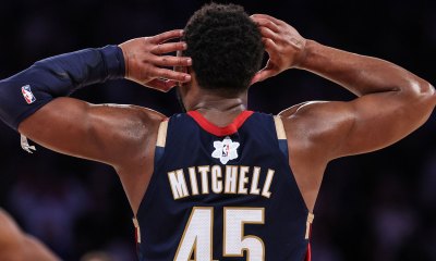 A detailed view of the Christmas snowflake patch and back of the jersey worn by Cleveland Cavaliers guard Donovan Mitchell (45) while reacting during the second half against the New York Knicks at Madison Square Garden