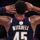 A detailed view of the Christmas snowflake patch and back of the jersey worn by Cleveland Cavaliers guard Donovan Mitchell (45) while reacting during the second half against the New York Knicks at Madison Square Garden