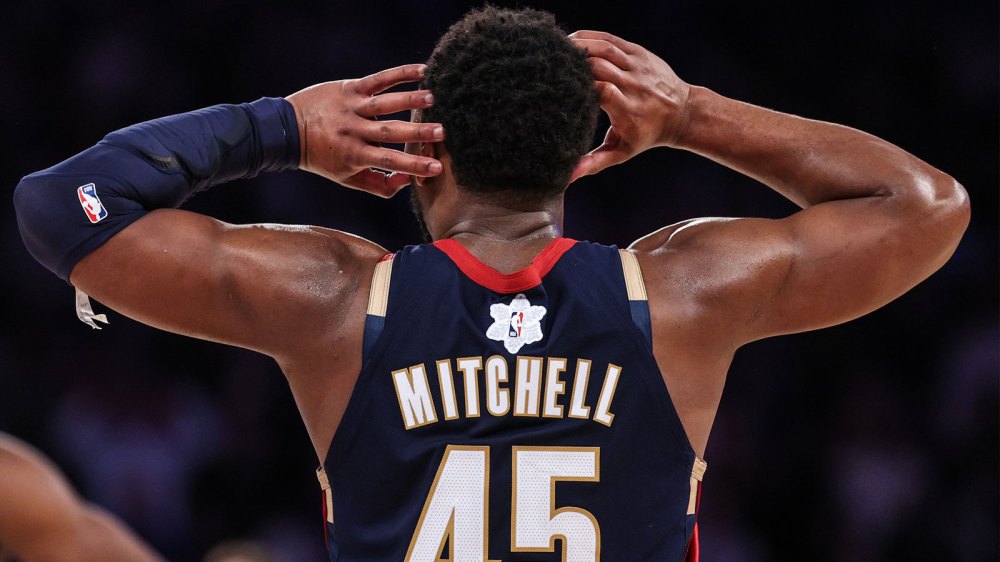 A detailed view of the Christmas snowflake patch and back of the jersey worn by Cleveland Cavaliers guard Donovan Mitchell (45) while reacting during the second half against the New York Knicks at Madison Square Garden