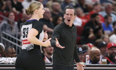 Cavs head coach Kenny Atkinson reacts towards an official