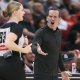 Cavs head coach Kenny Atkinson reacts towards an official