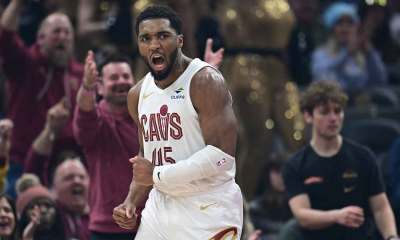 Donovan Mitchell connects with Evan Mobley for an insane half-court lob as the Cavs beat the Nuggets, 113-108.