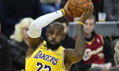 Los Angeles Lakers forward LeBron James (23) looks to pass in the fourth quarter against the Cleveland Cavaliers at Rocket Arena.