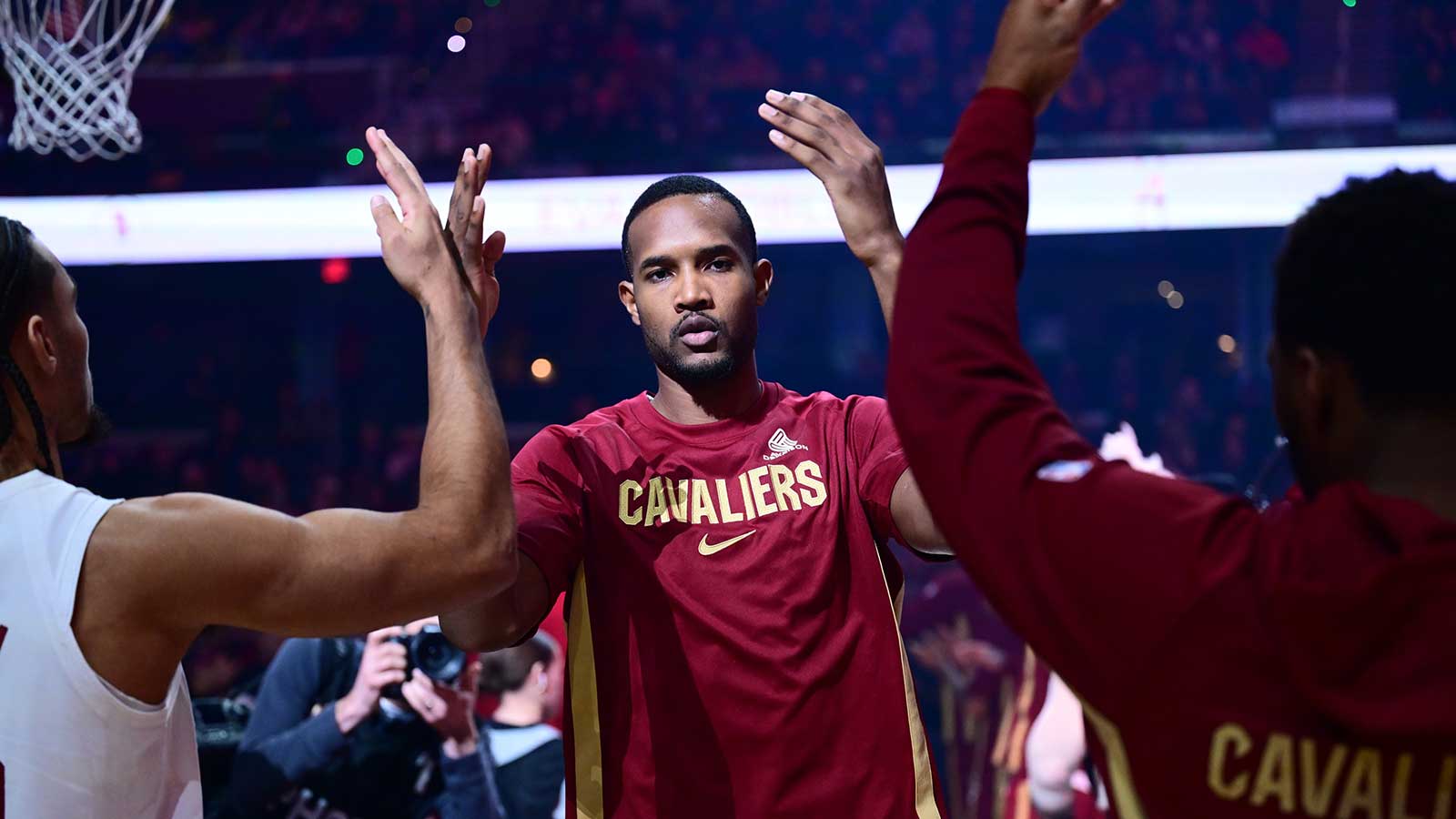 Cleveland Cavaliers center Evan Mobley (4) is introduced before the game between the Cavaliers and the Sacramento Kings at Rocket Arena.