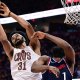 Cleveland Cavaliers center Jarrett Allen (31) goes for a rebound against Los Angeles Clippers guard James Harden (1) during the second half at Rocket Arena.