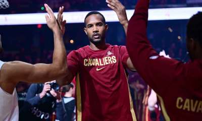 Cavs center Evan Mobley (4) is introduced before the game between the Cavaliers and the Sacramento Kings at Rocket Arena with Cavs' James Harden in the background