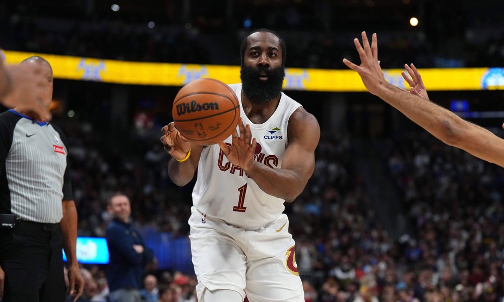 Cavaliers guard James Harden (1) passes the ball in the first quarter against the Denver Nuggets at Ball Arena