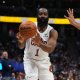 Cavaliers guard James Harden (1) passes the ball in the first quarter against the Denver Nuggets at Ball Arena