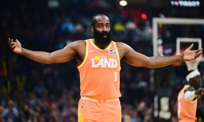 Cavs guard James Harden (1) celebrates after hitting a three point basket against the New York Knicks during the second half at Rocket Arena