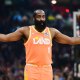 Cavs guard James Harden (1) celebrates after hitting a three point basket against the New York Knicks during the second half at Rocket Arena