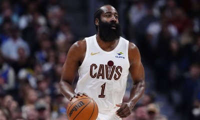 Cavaliers guard James Harden (1) during the second quarter against the Denver Nuggets at Ball Arena with Cavs All-Star Donovan Mitchell in the background