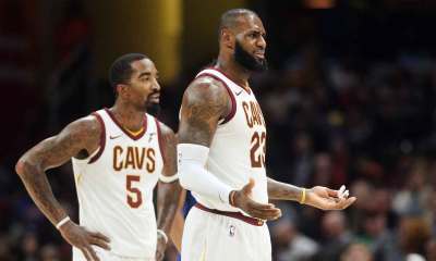 Cavaliers forward LeBron James (23) and guard JR Smith (5) react to a call during the second half against the New York Knicks at Quicken Loans Arena. The Knicks won 114-95 with Tristan Thompson in the backgroud