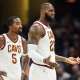 Cavaliers forward LeBron James (23) and guard JR Smith (5) react to a call during the second half against the New York Knicks at Quicken Loans Arena. The Knicks won 114-95 with Tristan Thompson in the backgroud