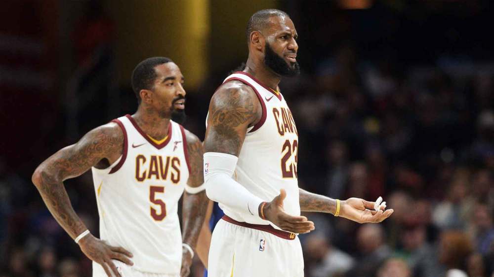 Cavaliers forward LeBron James (23) and guard JR Smith (5) react to a call during the second half against the New York Knicks at Quicken Loans Arena. The Knicks won 114-95 with Tristan Thompson in the backgroud
