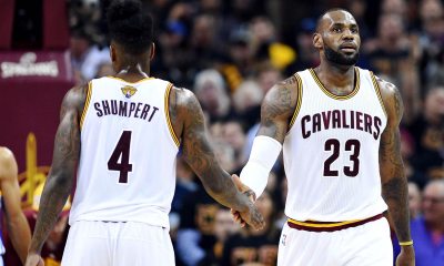 Cavs forward LeBron James (23) celebrates with Cleveland Cavaliers guard Iman Shumpert (4) during the second quarter in game six of the NBA Finals at Quicken Loans Arena