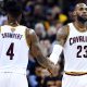 Cavs forward LeBron James (23) celebrates with Cleveland Cavaliers guard Iman Shumpert (4) during the second quarter in game six of the NBA Finals at Quicken Loans Arena