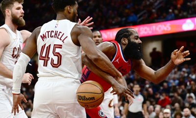 Cleveland Cavaliers guard Donovan Mitchell (45) fouls Los Angeles Clippers guard James Harden (1) during the second half at Rocket Arena.
