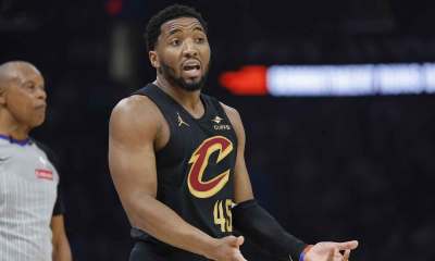 Cleveland Cavaliers guard Donovan Mitchell (45) reacts after a play against the Oklahoma City Thunder during the first half at Paycom Center.