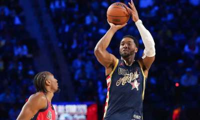 Team USA Stripes guard Donovan Mitchell (45) of the Cleveland Cavaliers shoots in game four against Team Stars during the 75th NBA All Star Game at Intuit Dome.