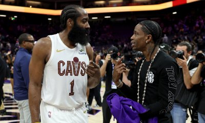 Cleveland Cavaliers guard James Harden (1) talks with rapper Travis Scott after a game against the Sacramento Kings at Golden 1 Center