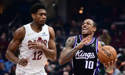 Sacramento Kings guard DeMar DeRozan (10) drives to the basket against Cleveland Cavaliers forward De'andre Hunter (12) during the first half at Rocket Arena.
