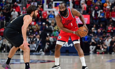 Los Angeles Clippers guard James Harden (1) controls the ball against Cleveland Cavaliers guard Max Strus (1) during the second half at Intuit Dome.