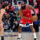 Los Angeles Clippers guard James Harden (1) controls the ball against Cleveland Cavaliers guard Max Strus (1) during the second half at Intuit Dome.