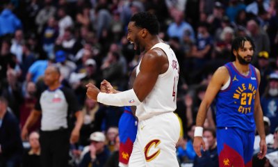 Cleveland Cavaliers guard Donovan Mitchell (45) celebrates defeating the Denver Nuggets at Ball Arena.