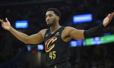Cleveland Cavaliers guard Donovan Mitchell (45) reacts in the third quarter against the Washington Wizards at Rocket Arena.