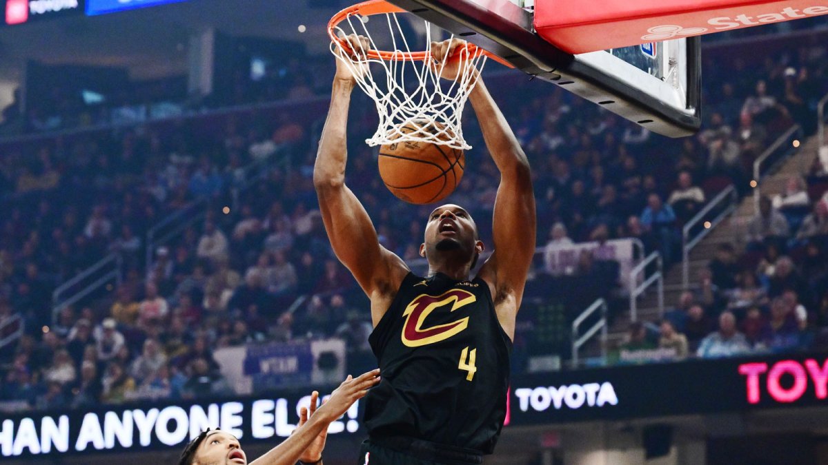 Cleveland Cavaliers center Evan Mobley (4) dunks during the second half against the Brooklyn Nets at Rocket Arena.
