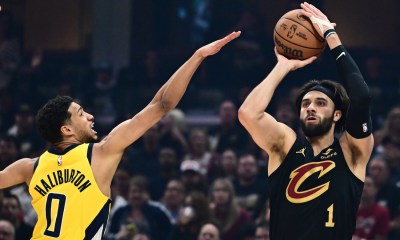 Cleveland Cavaliers guard Max Strus (1) shoots over the defense of Indiana Pacers guard Tyrese Haliburton (0) during the first quarter of game five of the second round for the 2025 NBA Playoffs at Rocket Arena.