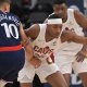 Cleveland Cavaliers forward Nae'qwan Tomlin (35) steals the ball from Los Angeles Clippers guard Bogdan Bogdanovic (10) in the first half at Intuit Dome.