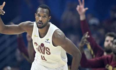 Cleveland Cavaliers center Evan Mobley (4) celebrates a three point basket in the first quarter against the Portland Trail Blazers at Rocket Arena.