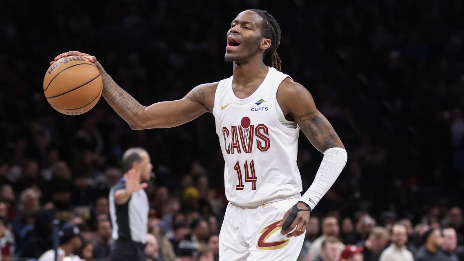 Cleveland Cavaliers guard Keon Ellis (14) reacts after getting called for a foul in the second quarter against the Brooklyn Nets at Barclays Center.